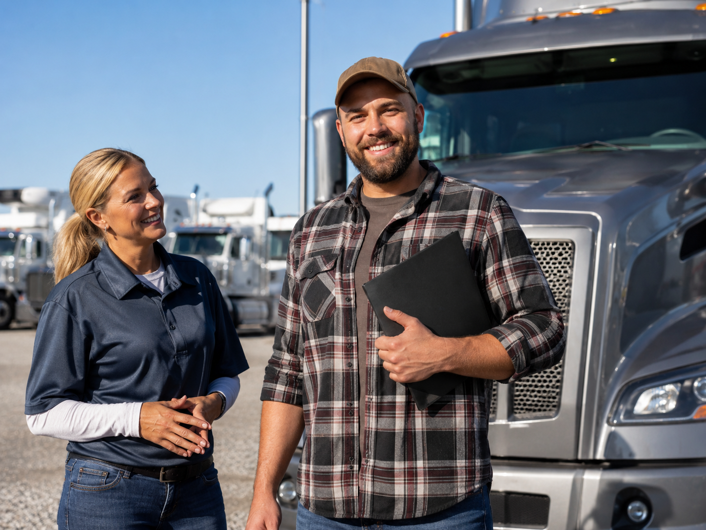 New truck driver smiling beside instructor and semi truck