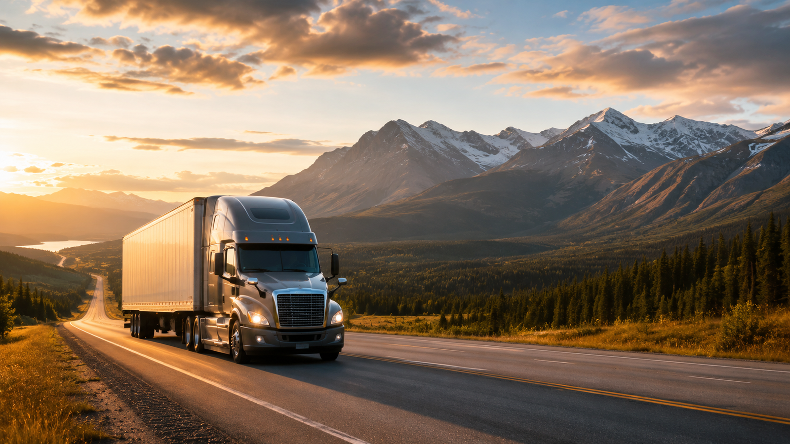 Semi truck driving through scenic Canadian mountain highway at golden hour