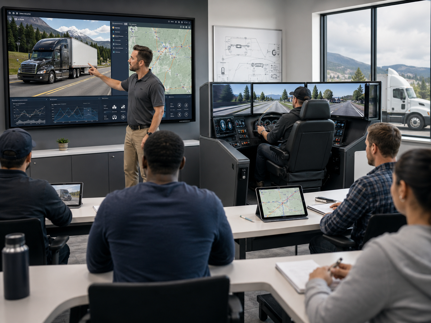 Truck driving classroom with simulator training and route instruction